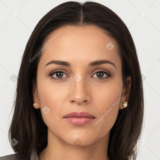 Neutral white young-adult female with long  brown hair and brown eyes