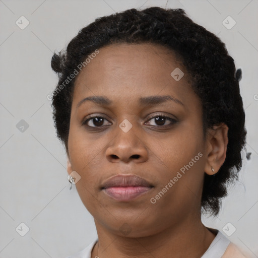 Neutral black young-adult female with short  black hair and brown eyes