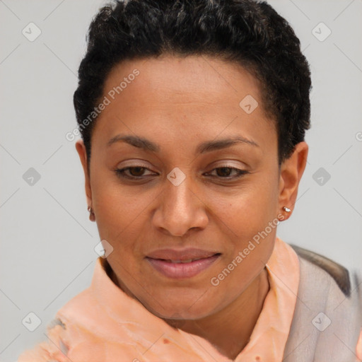 Joyful latino young-adult female with short  brown hair and brown eyes