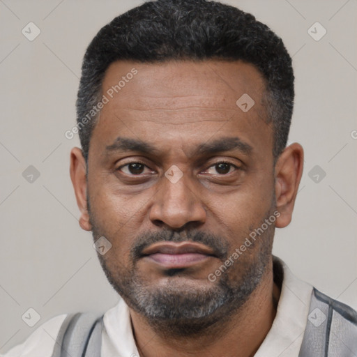 Neutral latino adult male with short  black hair and brown eyes