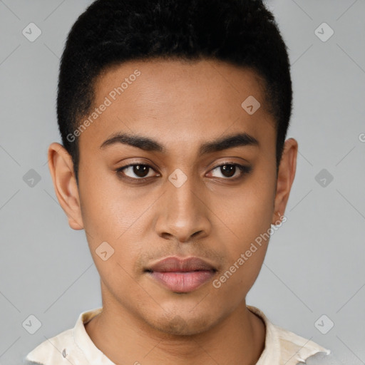 Neutral latino young-adult male with short  brown hair and brown eyes