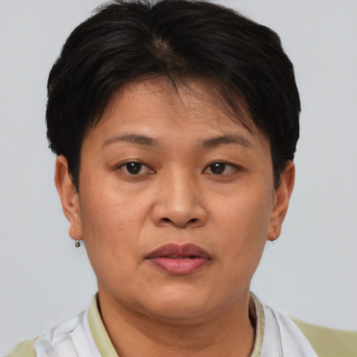 Joyful asian adult female with short  brown hair and brown eyes