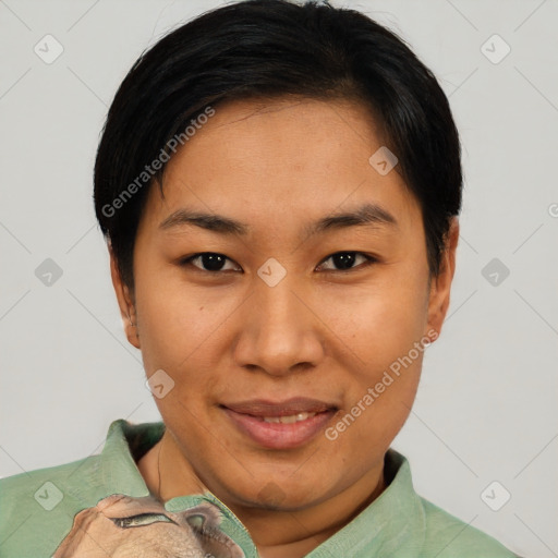 Joyful asian young-adult female with short  brown hair and brown eyes