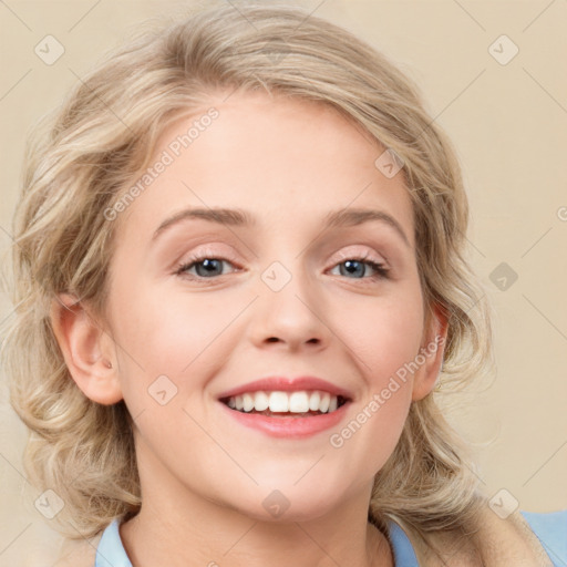 Joyful white young-adult female with medium  brown hair and blue eyes