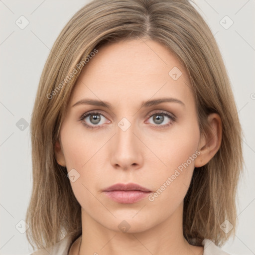 Neutral white young-adult female with medium  brown hair and grey eyes