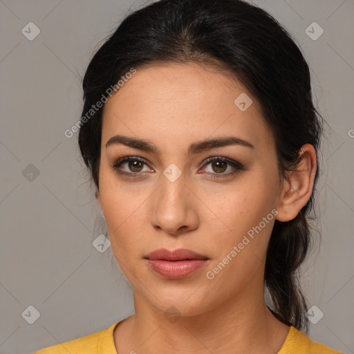 Neutral white young-adult female with medium  brown hair and brown eyes