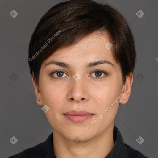 Neutral white young-adult female with short  brown hair and brown eyes