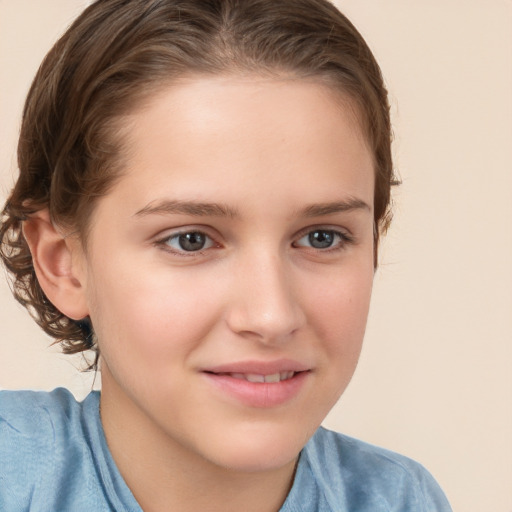 Joyful white child female with medium  brown hair and brown eyes