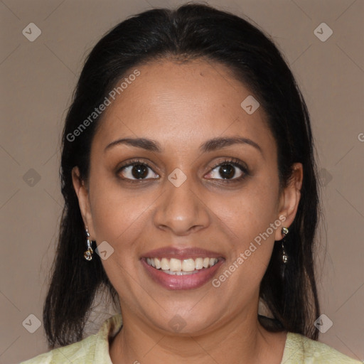 Joyful latino young-adult female with medium  brown hair and brown eyes