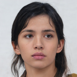 Neutral asian young-adult female with medium  brown hair and brown eyes