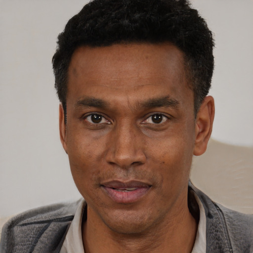 Neutral black adult male with short  black hair and brown eyes