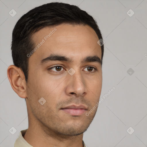 Neutral white young-adult male with short  brown hair and brown eyes