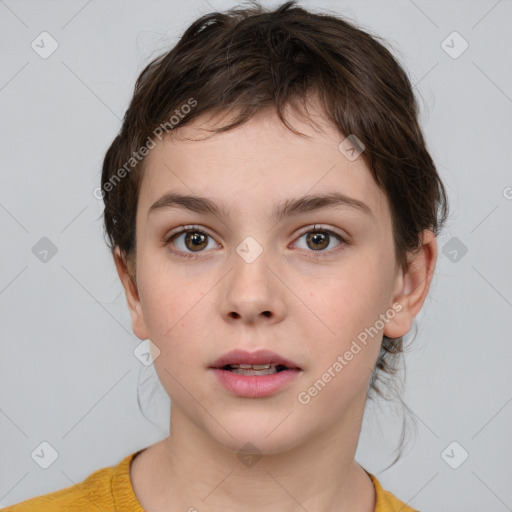 Neutral white young-adult female with short  brown hair and brown eyes