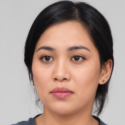 Neutral asian young-adult female with medium  black hair and brown eyes