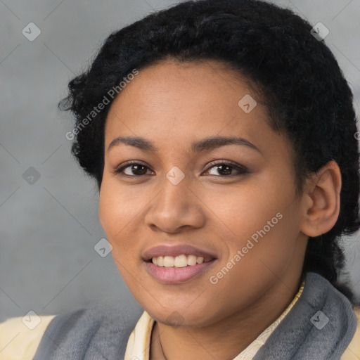 Joyful latino young-adult female with long  black hair and brown eyes