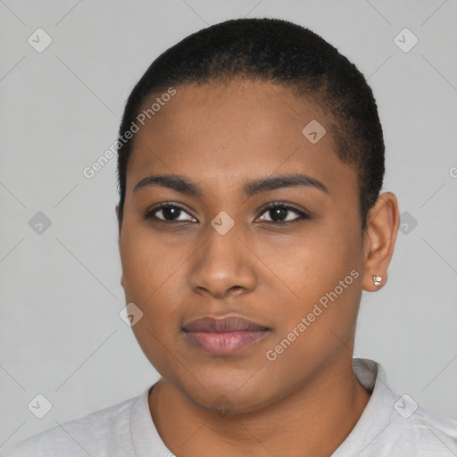 Neutral black young-adult female with short  black hair and brown eyes