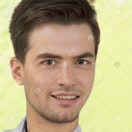 Joyful white young-adult male with short  brown hair and brown eyes