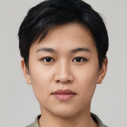 Neutral asian young-adult female with short  black hair and brown eyes