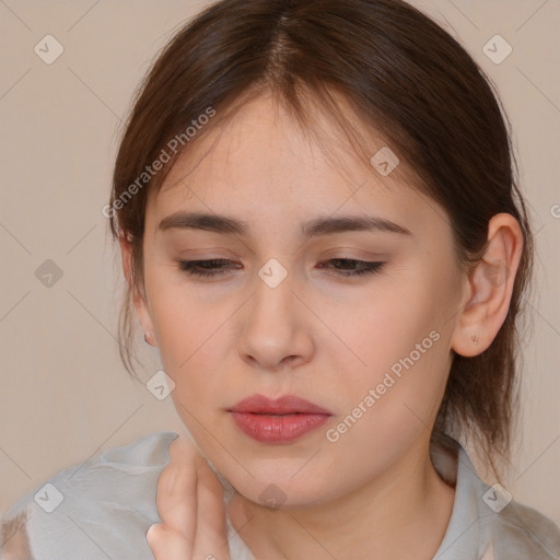 Neutral white young-adult female with medium  brown hair and brown eyes