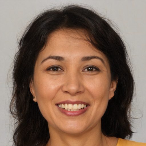 Joyful white adult female with medium  brown hair and brown eyes