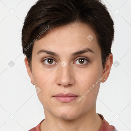 Neutral white young-adult female with short  brown hair and brown eyes