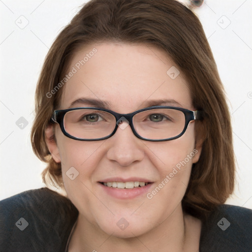 Joyful white young-adult female with medium  brown hair and blue eyes