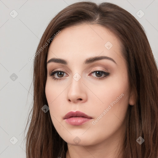 Neutral white young-adult female with long  brown hair and brown eyes