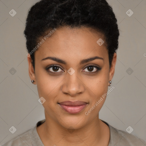 Joyful black young-adult female with short  brown hair and brown eyes