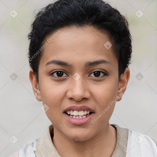 Joyful latino young-adult female with short  brown hair and brown eyes