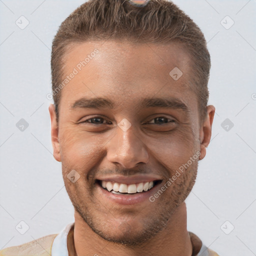 Joyful white young-adult male with short  brown hair and brown eyes