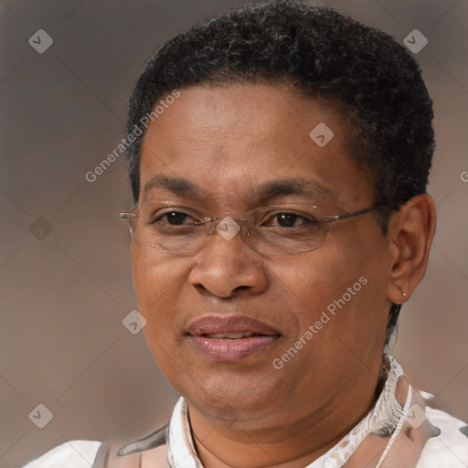 Joyful black adult male with short  brown hair and brown eyes