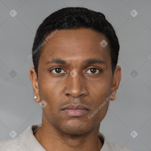 Neutral black young-adult male with short  black hair and brown eyes