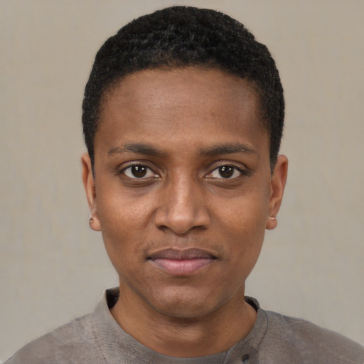 Neutral black young-adult male with short  black hair and brown eyes