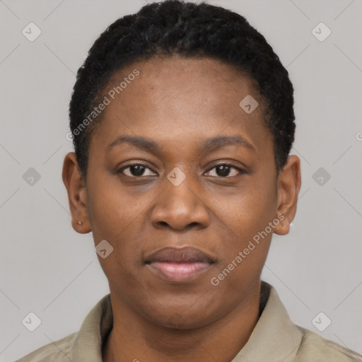 Joyful black young-adult female with short  black hair and brown eyes