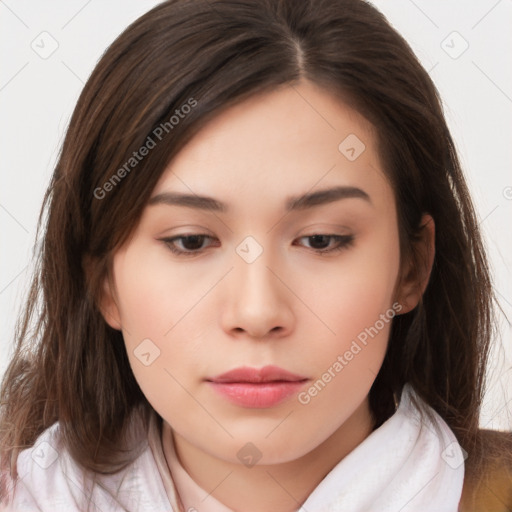 Neutral white young-adult female with medium  brown hair and brown eyes