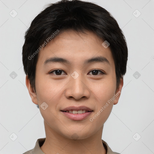 Joyful asian young-adult male with short  brown hair and brown eyes