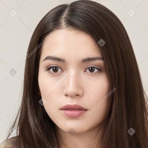 Neutral asian young-adult female with long  brown hair and brown eyes