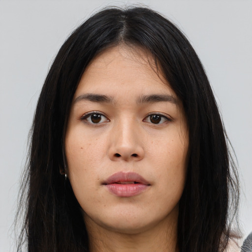 Neutral asian young-adult female with long  brown hair and brown eyes
