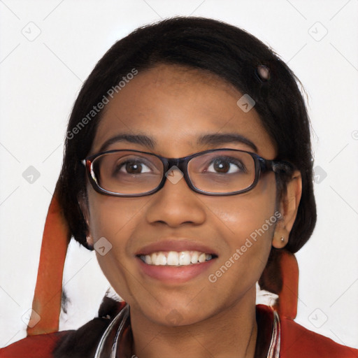 Joyful latino young-adult female with medium  black hair and brown eyes