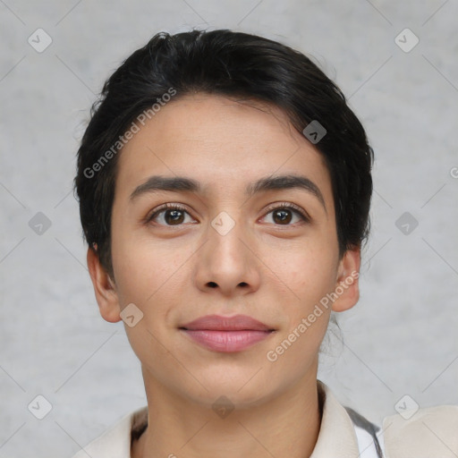 Joyful latino young-adult female with short  black hair and brown eyes