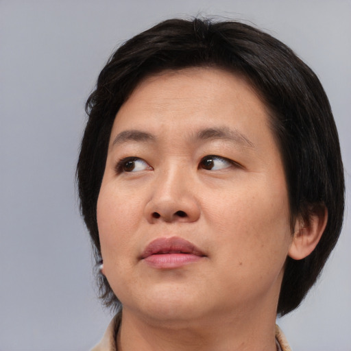 Neutral asian young-adult female with medium  brown hair and brown eyes