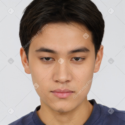 Neutral asian young-adult male with short  brown hair and brown eyes