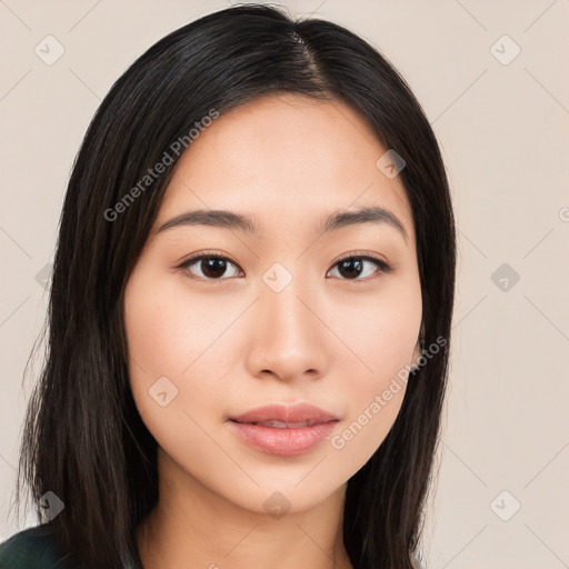 Neutral asian young-adult female with long  brown hair and brown eyes