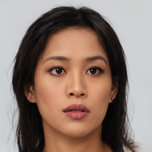 Neutral asian young-adult female with long  brown hair and brown eyes