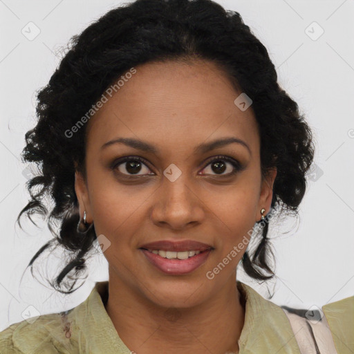 Joyful black young-adult female with medium  brown hair and brown eyes