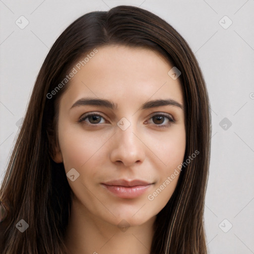 Neutral white young-adult female with long  brown hair and brown eyes