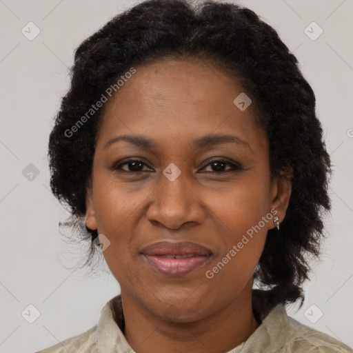 Joyful black adult female with medium  brown hair and brown eyes