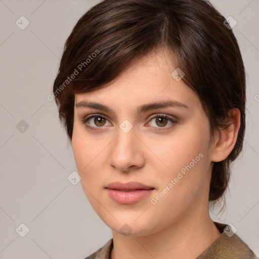 Neutral white young-adult female with medium  brown hair and brown eyes