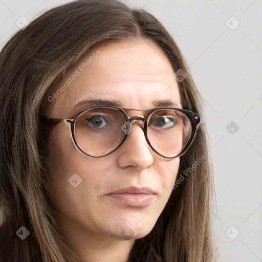 Neutral white young-adult female with long  brown hair and blue eyes