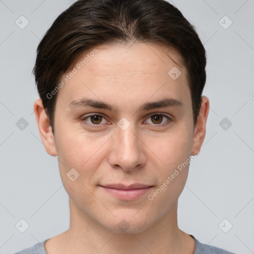 Joyful white young-adult female with short  brown hair and brown eyes